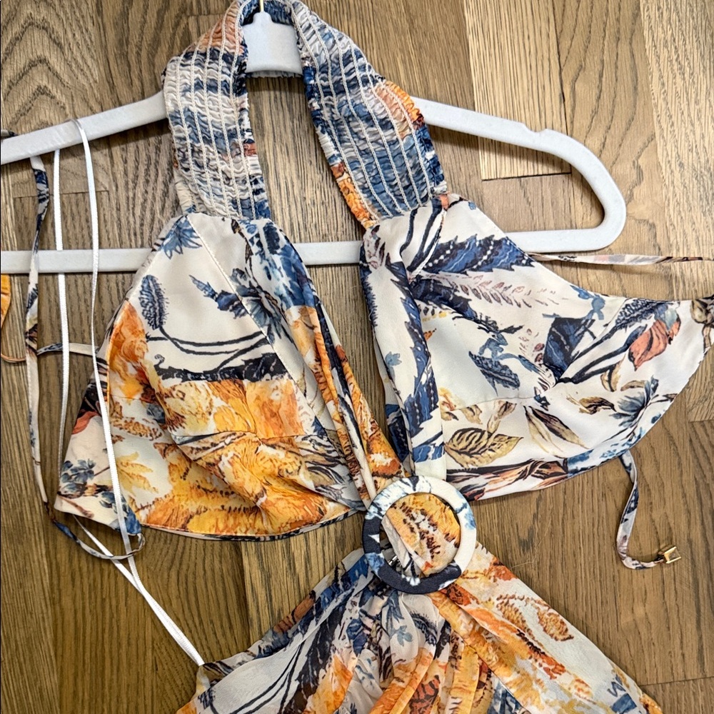 Luxxel White Floral Halter Maxi Dress with Orange & Navy Accents - Picture 2 of 5